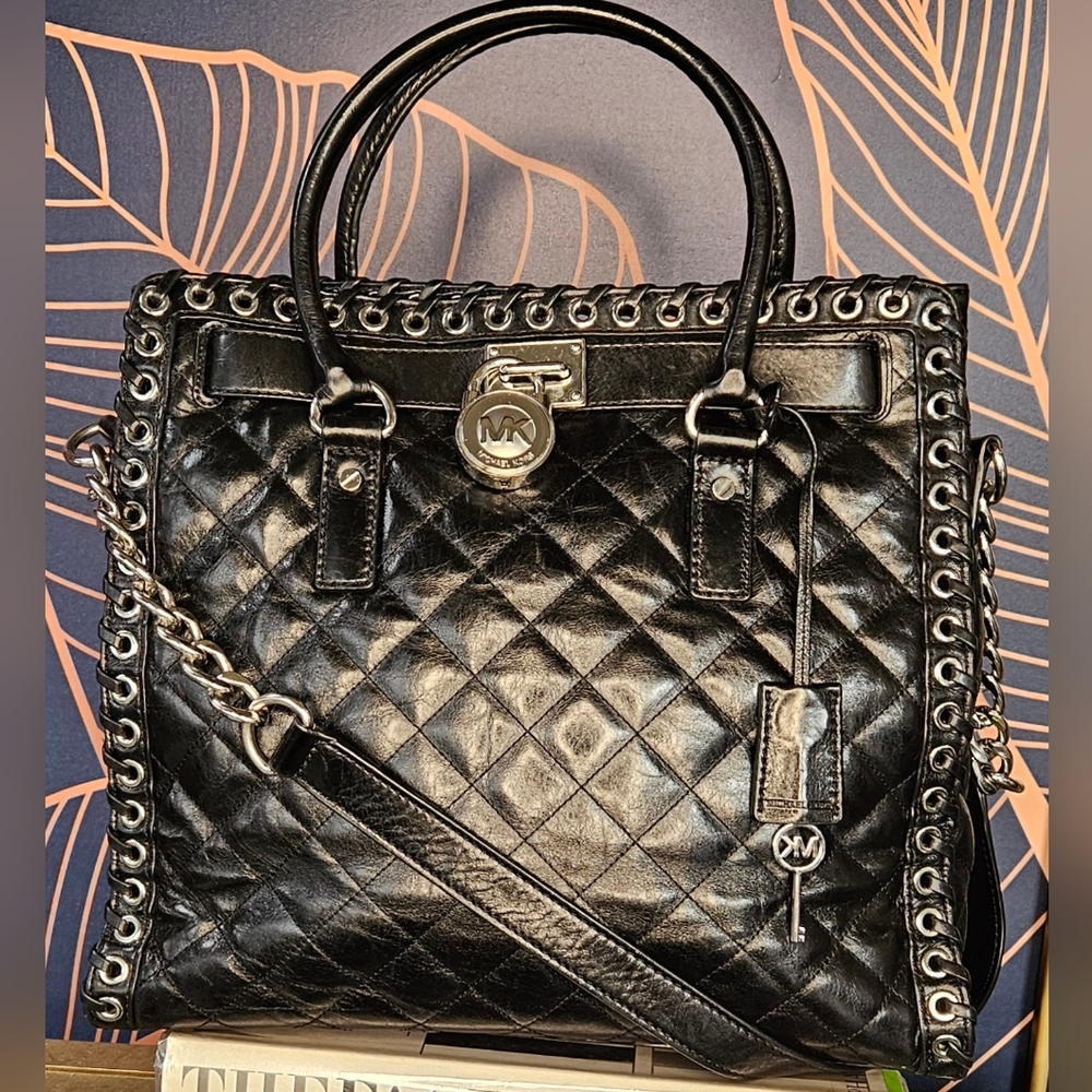 Michael Kors Black Leather Quilted Hamilton Hippie Grommet Tote